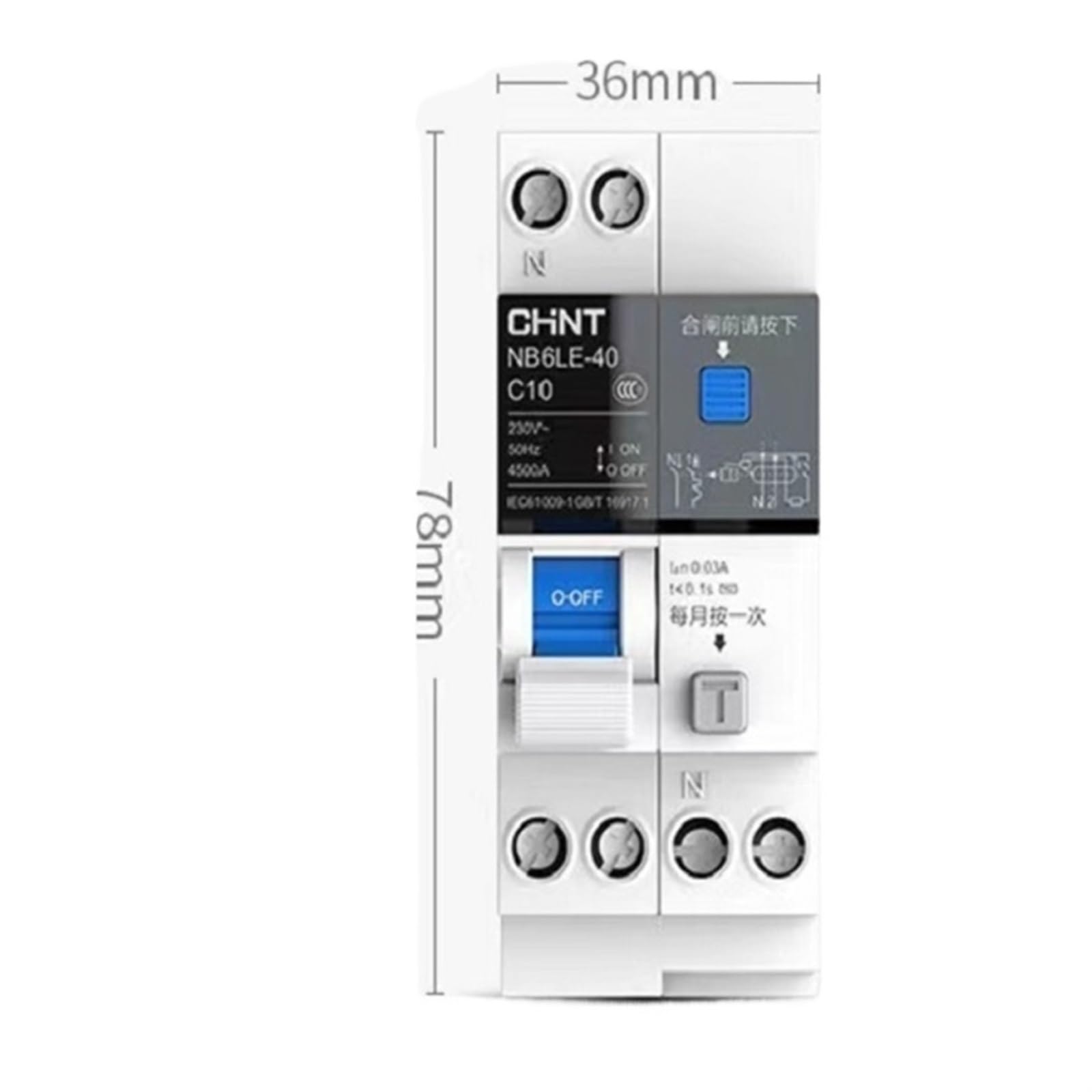 NVSFZGIYG NB6LE-40 6A 10A 16A 32A 30MA 0.03A 1P+N 220V 230V Residual Current Circuit Breaker Over Leakage Protection(10a)