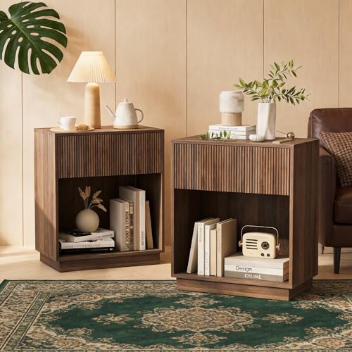 Fluted Nightstands Set of 2 Modern Bedside Table with Storage Drawer and Open Wood Shelf Wood End Table Mid Century Night Stands for Bedroom Living Room Sofa Couch Office Walnut Brown