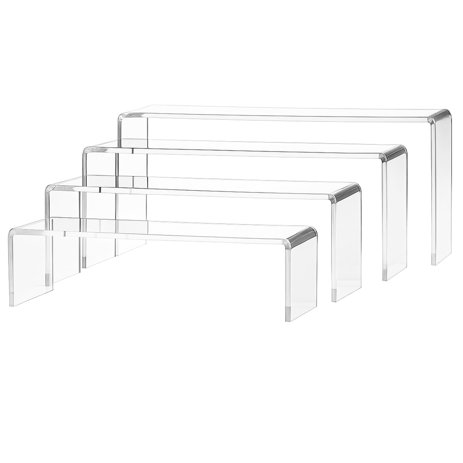 M.J COMFY-LIFE 4Pcs Acrylic Risers - Clear Rectangular Tiered Display Stands for Funko Pop, Jewelry, Cupcakes, Perfume & Collectibles - 4mm Thick U-Shaped Shelves (4 Sizes)