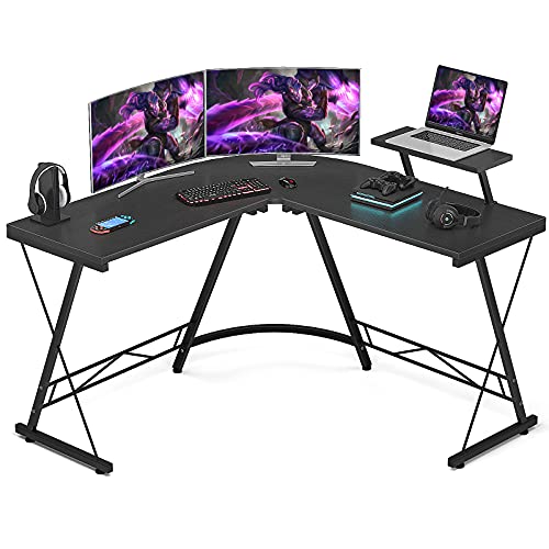 Foxemart L Shaped Gaming Desk 51 Corner Game Desk Home Office Desks with Large Monitor Stand Computer Desk with Round Corner, Black