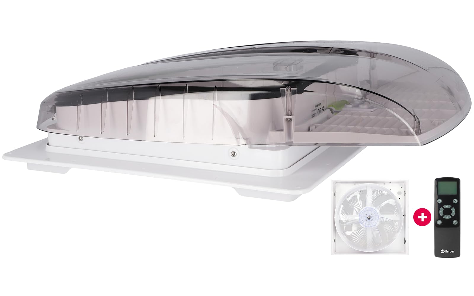 BERGER Dachluke Wohnwagen 40x40 mit 12V Ventilationssystem und Regenschutz | Dachfenster Wohnmobil, geräuscharm und stoßfest | inkl. Beleuchtung & Fernbedienung (rauch)