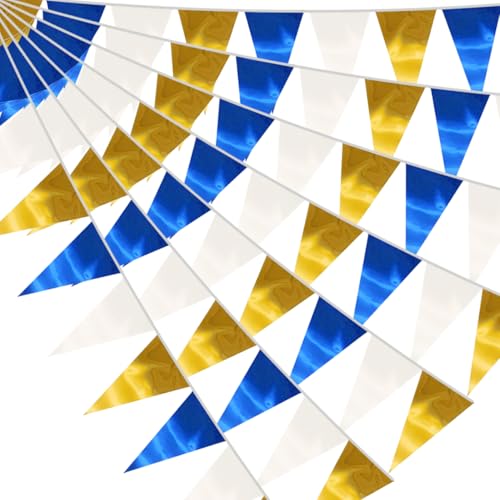 Image of 130FT Navy-Blue White Gold Triangle Pennant Banner Flag Metallic Fabric Bunting Garland for Christmas Graduation Retirement Birthday Wedding Bridal Shower Nautical Ahoy Achor Party Decorations Supply