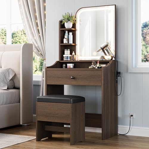 Image of LIKIMIO Small Vanity Desk with Mirror Lights and Storage Stool | Walnut compact vanity with 3 light modes, charging station, storage drawer, 3 shelves and upholstered stool