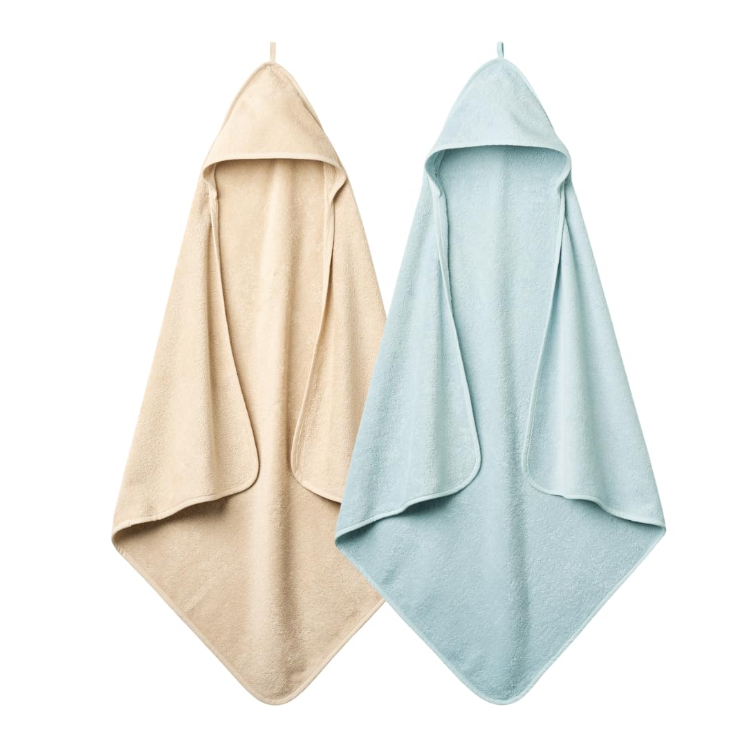 Huxie Hooded Baby Towels – Organic Cotton Baby Bath Towels, 32" x 32" Super-Soft and Absorbent Baby Towels for Newborn Baby Boys 2-Pack (Fog/Baby Blue