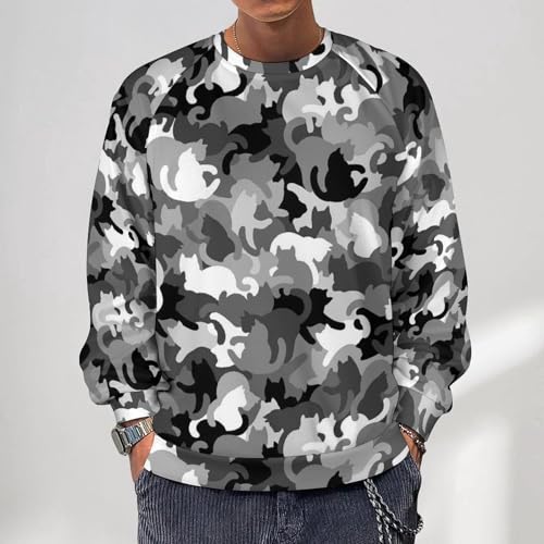 VOSERY Grey Cat Camouflage Sweatshirt for Men, Crewneck Mens Hoodies, Long Sleeve Pullover Sweaters Casual Tops2