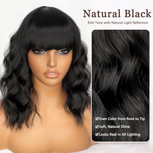 Image of Nnzes Black Wavy Wigs with Bangs Women's Short Black Bob Wig Synthetic Natural Looking Heat Resistant Fiber Hair