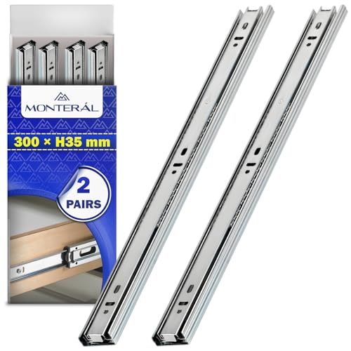 2 Pares Guias Correderas para Cajones con Rodamiento de Bolas 300 mm x H 35 mm - Rieles para Cajones Telescopicas de Extensión Total - Garantía de 10 Años - MONTERAL