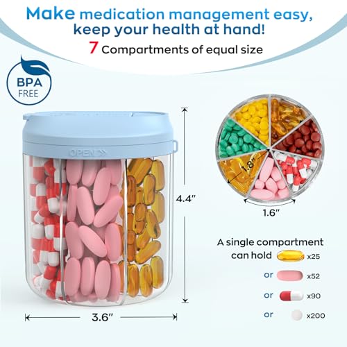 Image of Hionxmga Pill Dispenser with 7 Large Compartments, 4.4 inch H x 3.6 inch Dia Pill Bottle Organizer for Travel, Supplement Organizer with Anti-Mixing Design, BPA-Free Pill Container with 20 Pcs Labels, Blue