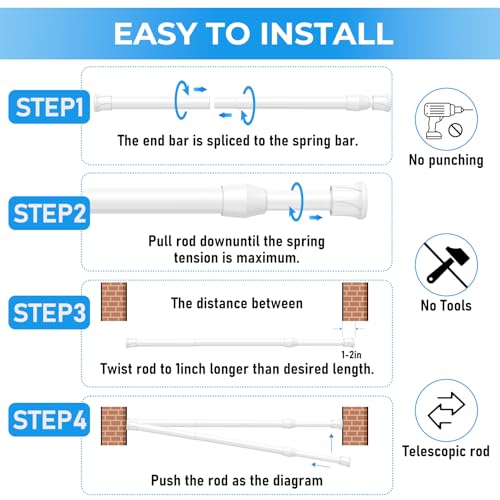Image of 2 Pack Spring Tension Curtain Rod 28 to 39 inch, Adjustable Curtain Rods No Drilling Spring Curtain Rods Extendable Pressure DIY Tension Rod for Window Closet Kitchen, White