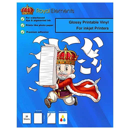 Royal Elements Glossy Printable Vinyl Sticker Paper for Inkjet and Laser Printers - 20 Waterproof Sheets (Photo-Like Print Quality)