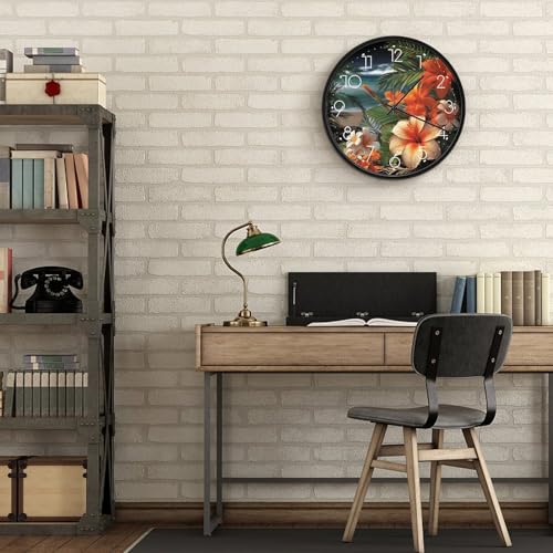 Horloge murale cadeau déco originale motif fleurs tropicales blanche 25cm