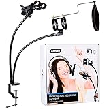 FEEVEN Desktop Mic Stand (Adjustable and Flexible Arm) with Cell Phone Desk Holder and Microphone Pop Filter