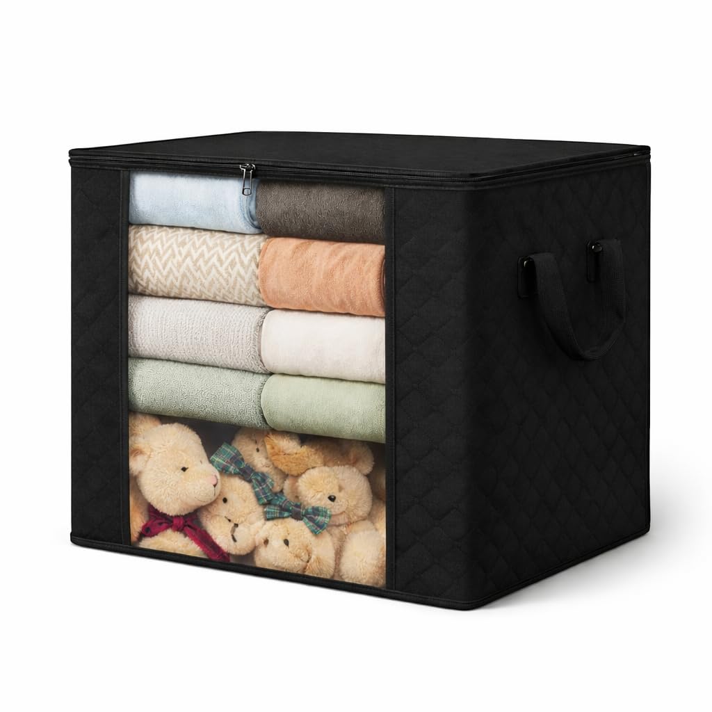 84L Foldable Closet Storage Bag, Large Fabric Organizer with Handles, Space Saving Wardrobe Storage for Clothes, Blankets, Quilts, Bedding Box,Bag (1, Black)