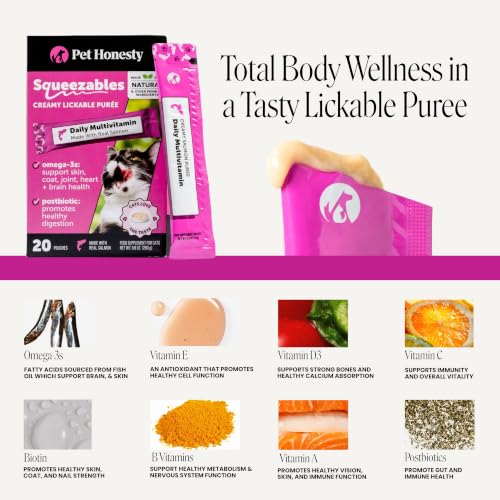 Image of Cat Multivitamin Lickable Treats - Squeezable Vitamin Puree Pouches for Cats - Daily Cat Vitamins with Postbiotics + Omega 3 Fish Oil for Gut + Immune Support, Skin Coat, Joint Health (Salmon, 20 Ct)