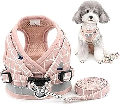 Wnicek 犬用リードセット 猫 犬 ハーネス 犬 ハーネス リードセット 散歩 小型犬 ペット 全サイズ対応 引っ張り防止 イージーウォーク 超小型犬 軽量 調整可能 胴体 チェック柄 メッシュハーネス 反射ストラップ 安全 通気性 胸パッドスタイル