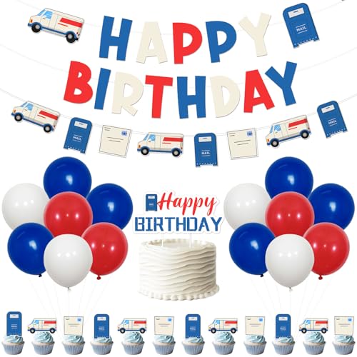 Festiblast - Mailman Birthday Decorations Blue Red Happy Birthday Banner Garland Mail Truck Mailbox Cake and Cupcake Toppers with Balloons Kit for Postal Worker Birthday Party Supplies