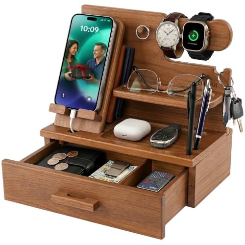 Teslyar Wood Phone Docking Station with Drawer | Gifts for Men