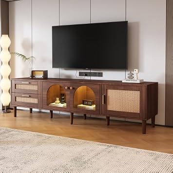 Bellemave Modern TV Stand with LED Lights & Glass Doors, Rattan Media Console with 3 Cabinets & 2 Drawers for up to 80", Solid Wood Entertainment Center for Living Room, Home Theatre Dark Brown