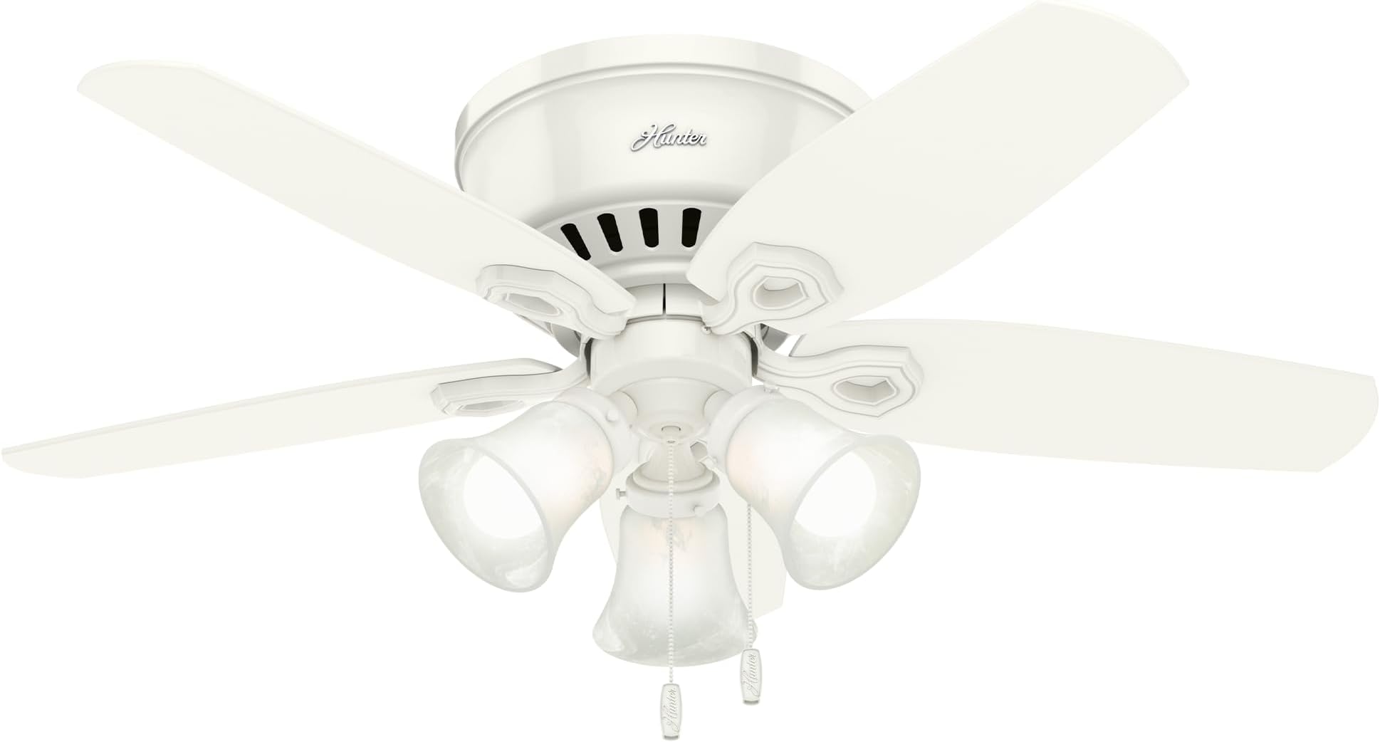 Hunter 42 inch Indoor Ceiling Fan with LED Lights - White Ceiling Fan with Pull Chain, For Bedroom, Living Room, or Kitchen, Low Profile Flush Mount, No Remote, 5 Blades - Builder 51090, Snow White