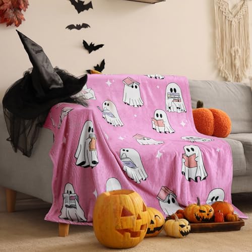 Hillsuren Pink Ghost Reader Blanket for Girl Halloween Cute Ghost Reading Book Throw Blankets 50 x 60 Inch Cute Boo Gift for Book Lover Bed Sofa Living Room Decoration