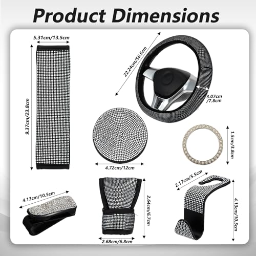 Molain Bling Car Accessories Set for Women, 11PCS Bling Diamond Car Accessories Set, Silver Cars Decor Including Sparkly Rhinestone Steering Wheel Cover, Shift Knob Cover, Cup Holder Coasters