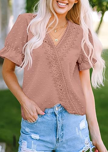 Lolong Women V Neck Tops Dressy Casual Puff Short Sleeve Blouse Lace Chiffon Pom Poms Shirts Pink #TOP4
