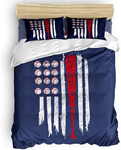 Picpeak Baseball Bedding Set Queen Size for Boy Kids Teens Youth Sport American Flag Blue Comforter Cover Set 4 Pcs Include Lightweight Soft Bed Sheets,1 Duvet Cover,1 Flat Sheet and 2 Pillow Covers