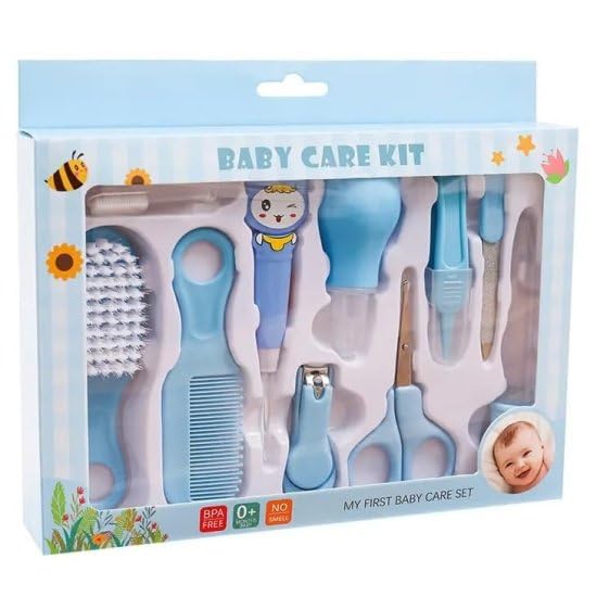 ODMART 10 in 1 Luxury Manicure Grooming Kit for New Born Baby, Portable Infants Care Baby Grooming Kit Kids Care Accessories Set, Baby Health Care, Nail Clipper, Hair Comb Brush, Nose Cleaner Safety for Toddler Infant Nursing Grooming (Colour-Blue).