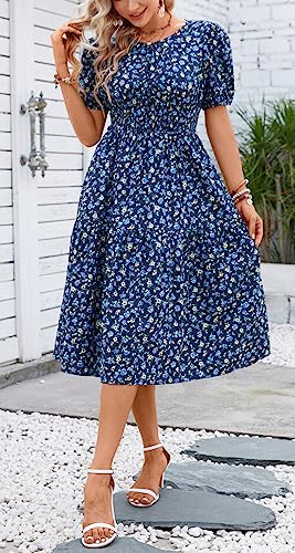 Image of Kormei Women Summer Casual Boho Floral Round Neck Short Sleeve Smocked Waist Tiered Flowy Swing Midi Dress