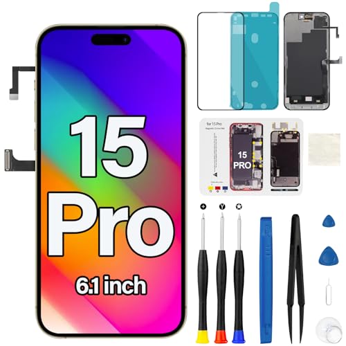 for iPhone 15 Pro Screen Replacement with Earpiece Flex Cable Proximity Sensor 3D Touch LCD Front Screen Display Frame Digitizer Full Assembly Repair Tool Kit A3102 A2848 A3101 A3104 6.1 inch