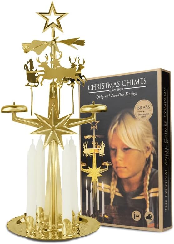 Original Swedish Christmas Chimes, Carousel and 4 Candles – Scandinavian Spinning Festive Chimes for Christmas, Best Memorial Gift Since 1948, Home Decorations - Brass Plated