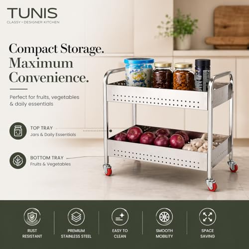 Image of TUNIS 2 Tier 202 Premium Stainless Steel Kitchen Storage Trolley with 360 Rotating Wheels | Multipurpose Vegetable & Fruit Rack Organizer | Movable Storage Cart for Kitchen, Pantry & Home