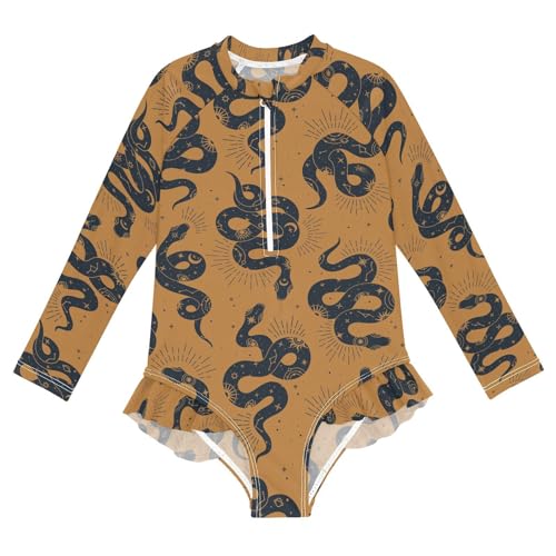 QUGRL Girls One Piece Swimsuit Boho Magic Snake Long Sleeve Bathing Suit for Girls Moon Stars Toddler Kids Zipper Front Swimsuit Beach Sport Size 4T