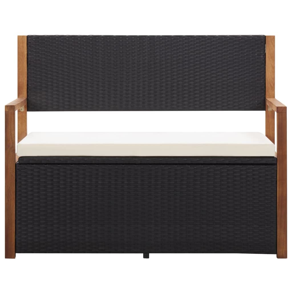 Hommdiy Akazienholz Massiv Bank mit Stauraum Sitzbank Gartenbank Gartentruhe Truhenbank Kissentruhe Kissenbox Auflagenbox 110cm Poly Rattan Schwarz/Grau (Schwarz)
