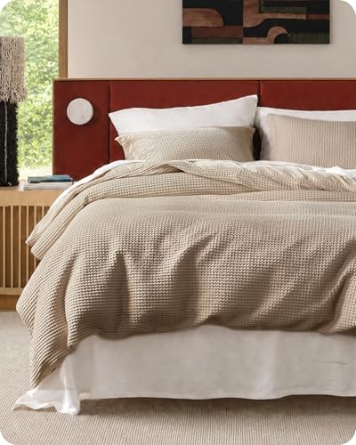 Image of Bedsure Cotton Duvet Cover Queen - 100% Cotton Waffle Weave Khaki Duvet Cover Queen Size, PureWoven Breathable Tan Bedding Set for All Season, 3 Pieces, 90"x90"