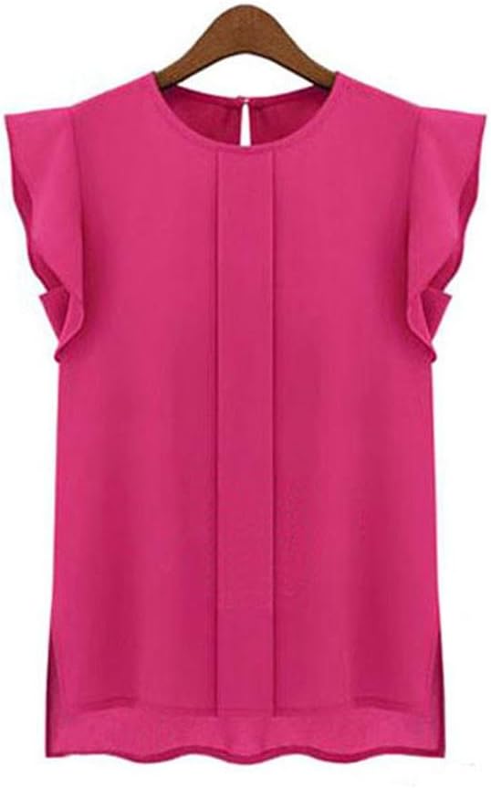NOMENI Fashion Women Casual Loose Chiffon Short Tulip Sleeve Blouse Shirt Tops (XXXXL, Hot Pink)