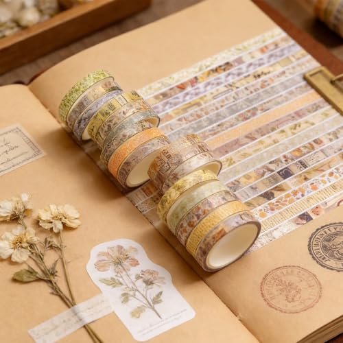 Image of HASTHIP 20pcs Vintage Botanical Washi Tape Set, Retro Floral Scrapbook Masking Tape for Journaling, Planners, DIY Crafts, Decorative Ephemera Paper Tape Rolls, 7mmx20m Per Roll