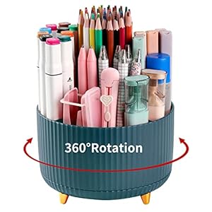 Desk Pencil Pen Holder, 5 Slots 360°Degree Rotating Pen Organizers for Desk, Desktop Storage Stationery Supplies Organizer, Cute Pencil Cup Pot for Office, School, Home, Art Supply, Dark Green