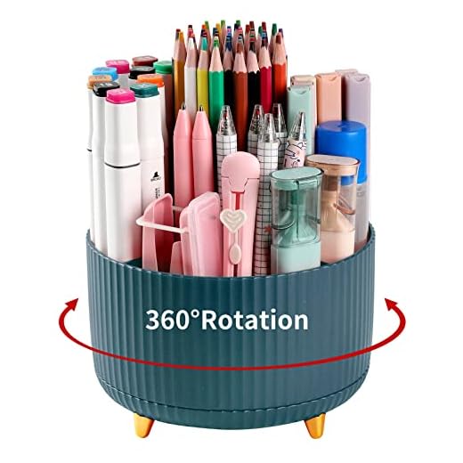 Desk Pencil Pen Holder, 5 Slots 360°Degree Rotating Pencil Pen Organizers for Desk, Desktop Storage Stationery Supplies Organizer, Cute Pencil Cup Pot for Office, School, Home, Art Supply, Dark Green