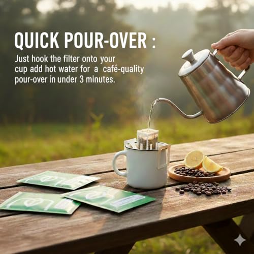 Image of bhuba Premium Portable Pour Over Drip Coffee Filters 120g | 100% Arabica Speciality Coffee Beans | Medium Roast | Tasting Notes - Lemon, Cherry and Chocolate (Pack of 10, 12g Each)