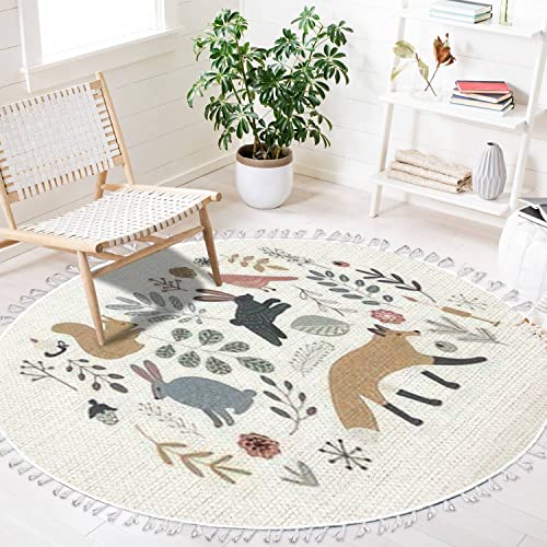 Image of Round Rugs Hand Drawn Scandinavian Style Set Forest Animals Plants Clip Boho Area Rug Linen and Cotton Carpet Meditation Rug Washable Hallway Runner Mat Accent Rug for Bedroom Bathroom 4ft