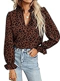Romwe Women's Boho Floral Long Sleeve Frill Notch Neck Shirts Blouses Top Coffee Brown S