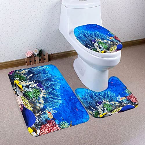 RLYXGS Koralle Badezimmermatten und Teppiche 3-Teiligs Set Fisch Flanell Memory Foam rutschfeste Matten und Badteppich,Ozean Toilettendeckelabdeckung,Badvorleger Badgarnitur WC Vorleger – Bild 3