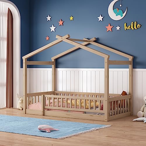 House Bed Twin Size Floor Bed With Fence Railings, Wooden Montessori Style Bed Frame For Kids, Fun Playhouse Beds For Girls Boys, Natural #TOP2
