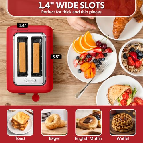 Image of BUYDEEM DT620 2-Slice Toaster, Extra Wide Slots, Retro Stainless Steel with High Lift Lever, Bagel and Muffin Function, Removal Crumb Tray, 7-Shade Settings,Red