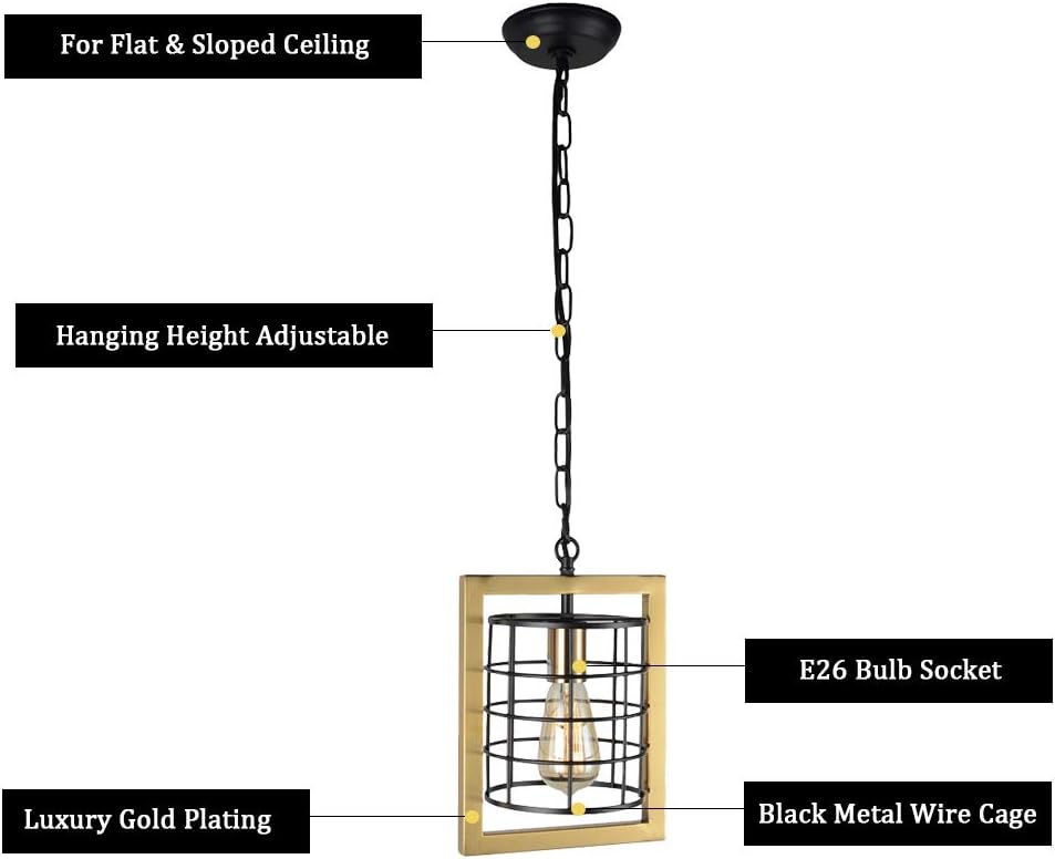 Up To 40% OFF Bizinlumin Modern Gold and Black Kitchen Island Lighting, Small Industrial Metal Cage Hanging Pendant Light Fixture Luxury Foyer Porch Hallway Edison Light 1 Light E26 BY19001G Best Quality 🔥 Bizinlumin Modern Gold and Black Kitchen Island Lighting, Small Industrial Metal Cage Hanging Pendant Light Fixture Luxury Foyer Porch Hallway Edison Light 1 Light E26 BY19001G