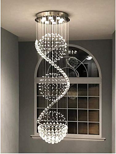 A1A9 Moderner Spiralkugel Kristallleuchter, Spectacular Droplet Deckenleuchte, Klare K9 Kristallkugel Pendelleuchte für Wohnzimmer Eingangsbereich Flur Foyer Romantisches Dekor, Größe: D50cm H180cm Cover