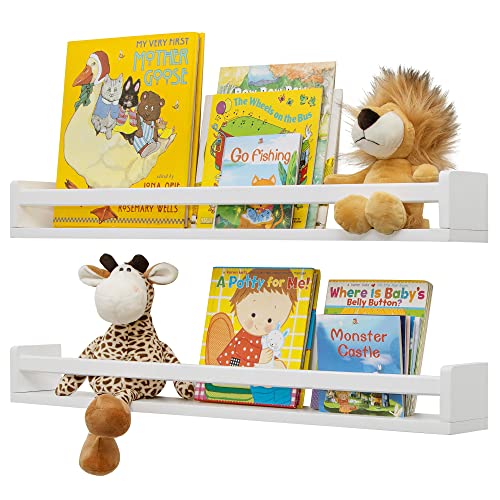 Image of Fun Memories Nursery Book Shelves - Rustic Natural Solid Wood Floating Bookshelf for Kids - Wall Book Shelves for Kids Room (White, 32inch - 2P)