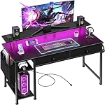 Black Computer Desk with Shelves and Drawers - 47 Inch Home Office Desk with Drawers and Shelves, Small Black Desk with Shelves, Computer Desk with Monitor Stand, RGB Gaming Desk with Power Outlet