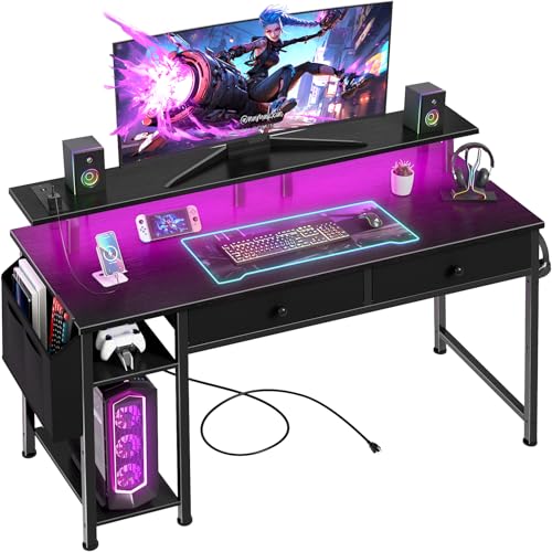 Black-Computer-Desk-with-Shelves-and-Drawers-47-Inch-Home-Office-Desk-with-Drawers-and-Shelves-Small-Black-Desk-with-Shelves-Computer-Desk-with-Monitor-Stand-RGB-Gaming-Desk-with-Power-Outlet Black Computer Desk with Shelves and Drawers - 47 Inch Home Office Desk with Drawers and Shelves, Small Black Desk with Shelves, Computer Desk with Monitor Stand, RGB Gaming Desk with Power Outlet - Image 1